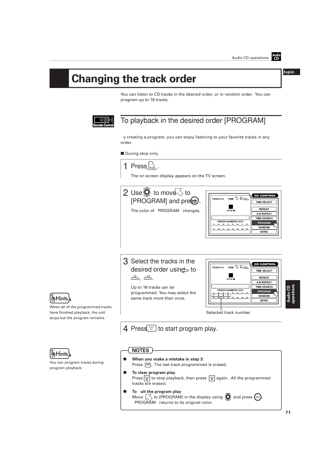 JVC LET0141-002A Changing the track order, To playback in the desired order Program, Press Play to start program play 