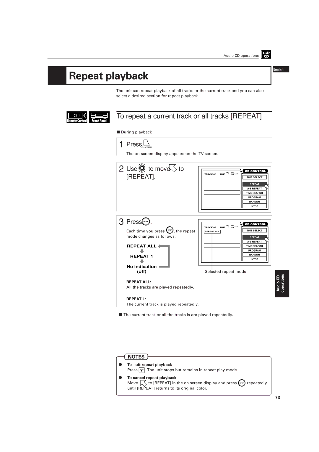 JVC LET0141-002A manual To repeat a current track or all tracks Repeat, To quit repeat playback 