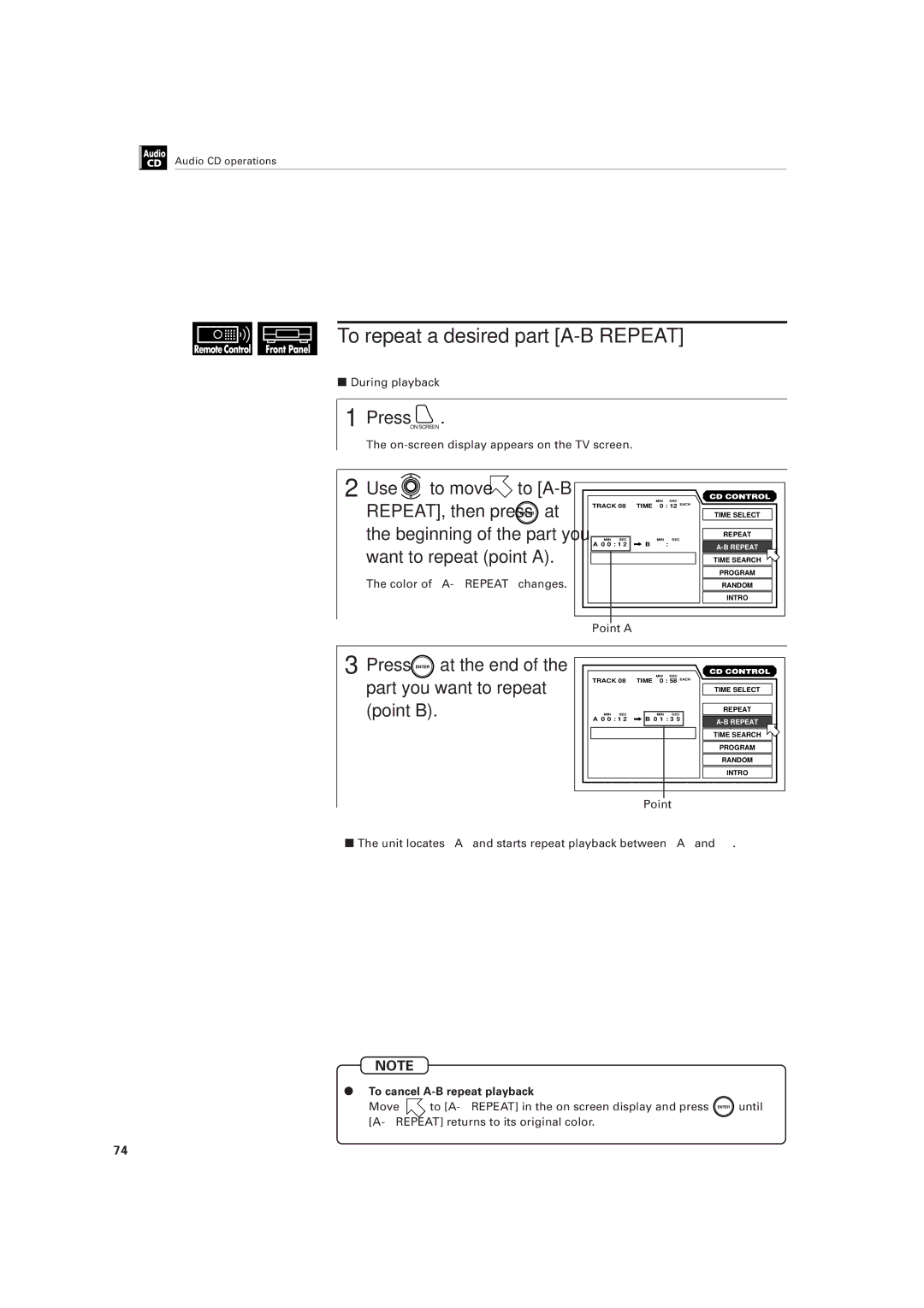 JVC LET0141-002A manual Use to move to A-B, Press Enter at the end, Part you want to repeat point B 