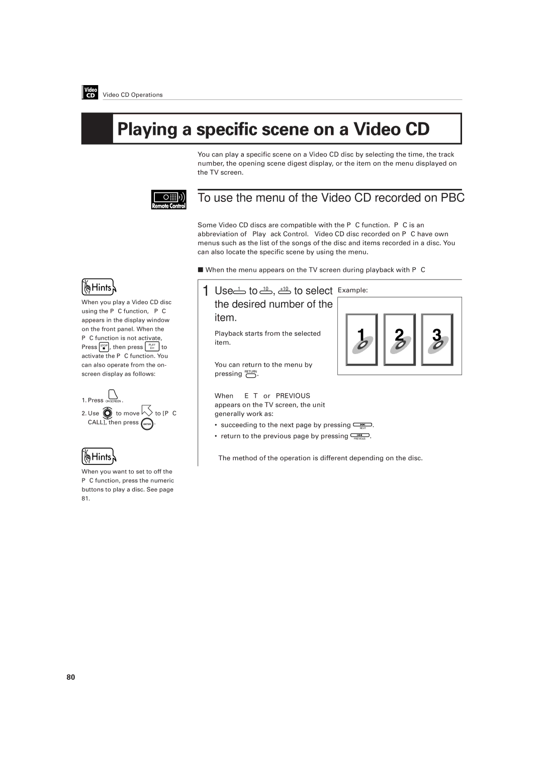 JVC LET0141-002A manual Playing a specific scene on a Video CD, To use the menu of the Video CD recorded on PBC, Use 