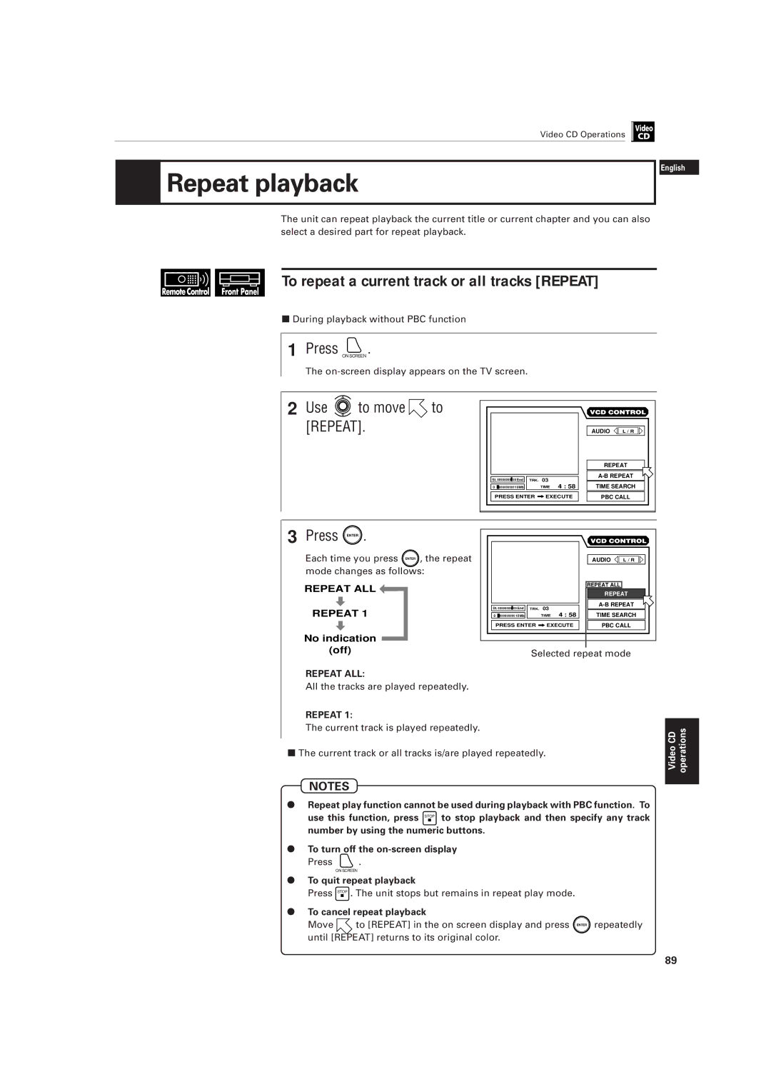 JVC LET0141-002A manual Use to move to Repeat, 7During playback without PBC function 