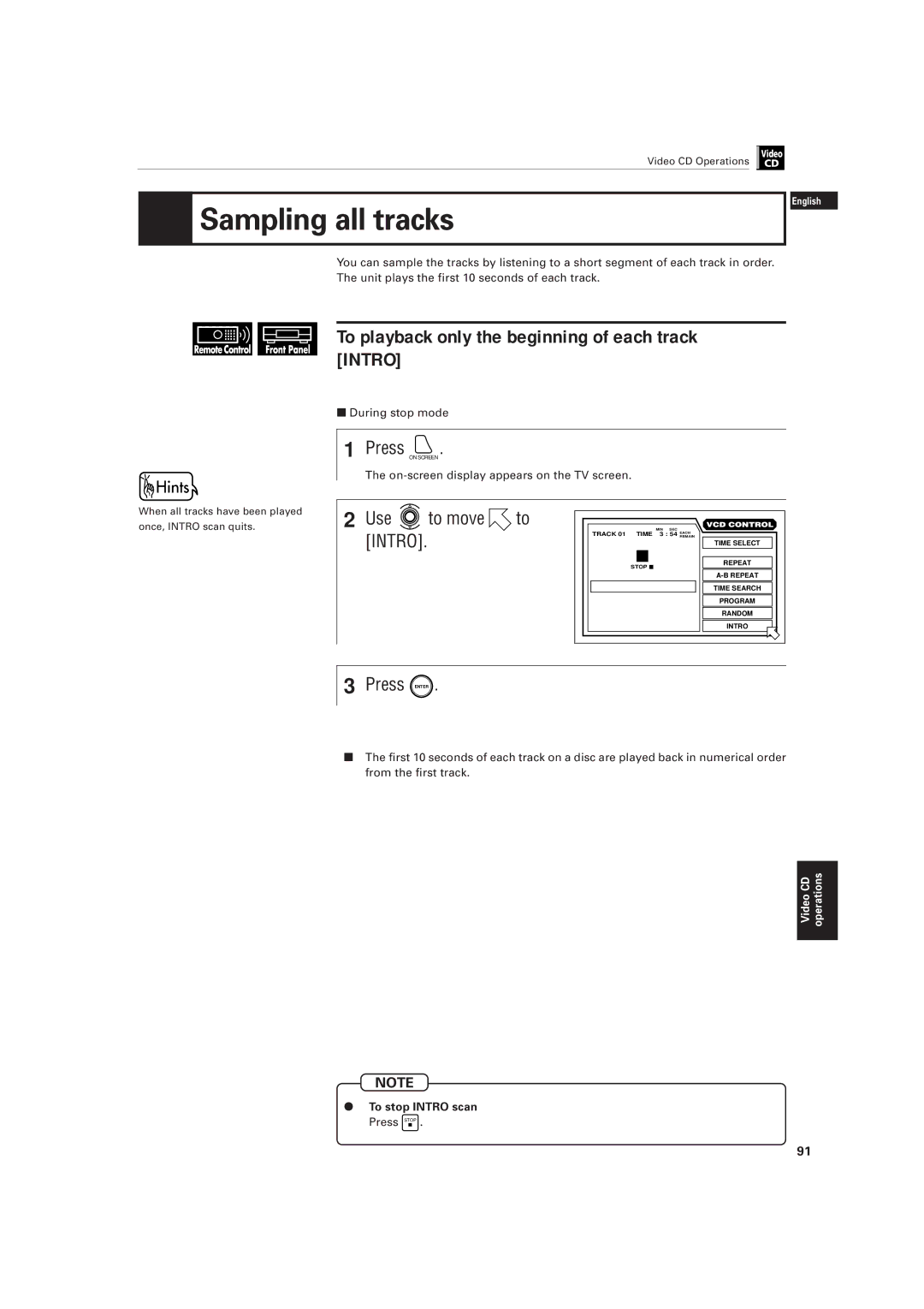 JVC LET0141-002A manual To playback only the beginning of each track Intro, To stop Intro scan Press Stop 