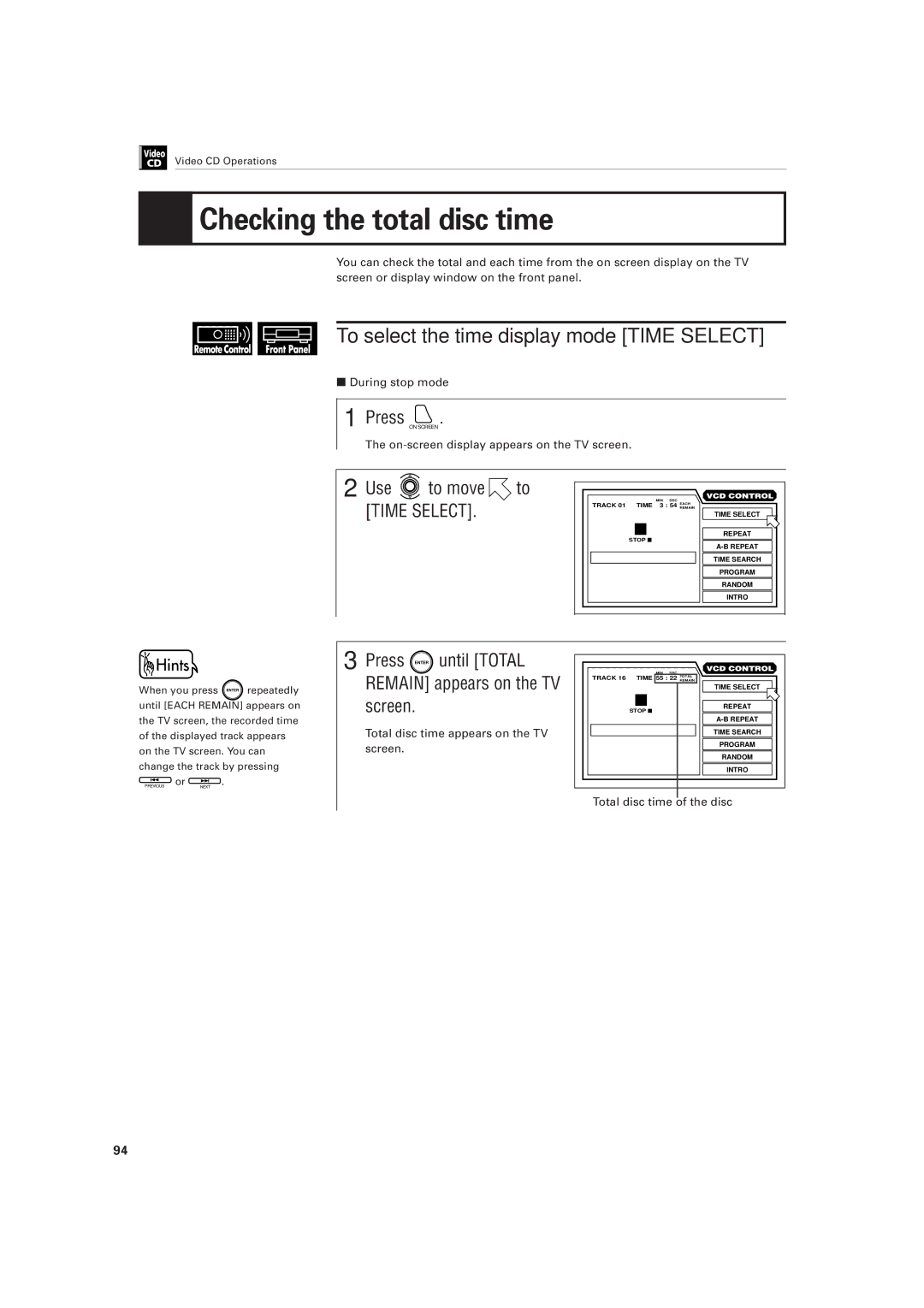 JVC LET0141-002A manual Checking the total disc time, Use to move to Time Select, Total disc time appears on the TV screen 