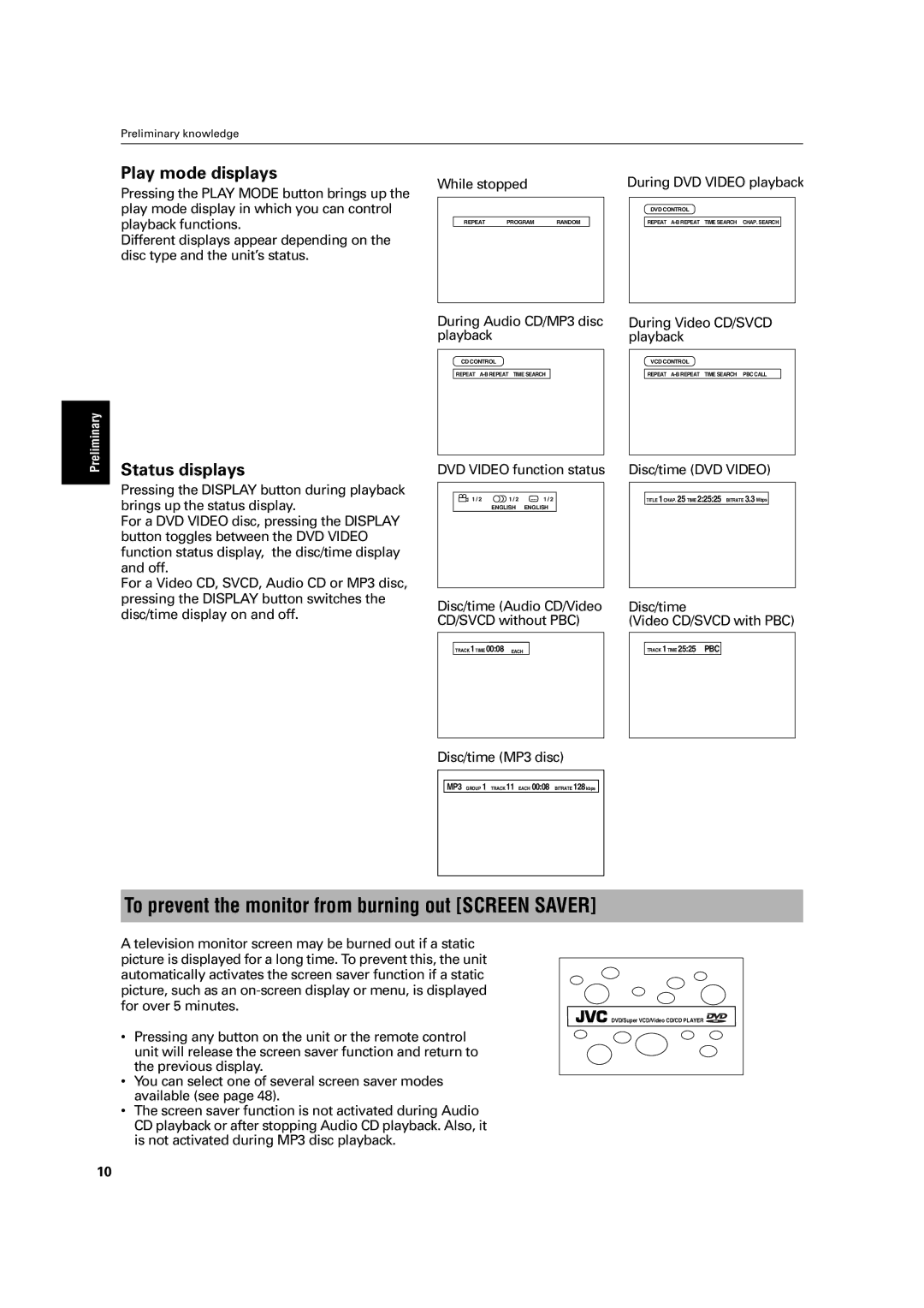 JVC LET0213-001A manual To prevent the monitor from burning out Screen Saver, Play mode displays, Status displays 