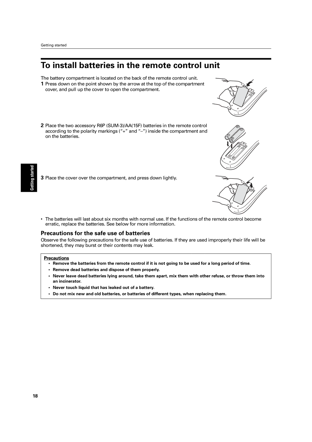 JVC LET0213-001A manual To install batteries in the remote control unit, Precautions for the safe use of batteries 