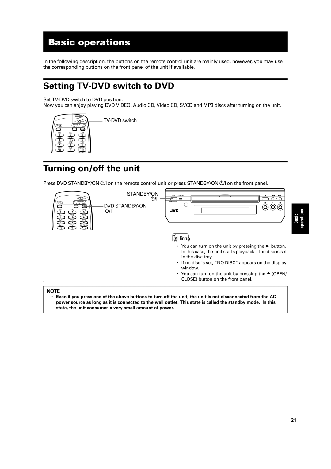 JVC LET0213-001A manual Basic operations, Setting TV-DVD switch to DVD, Turning on/off the unit 