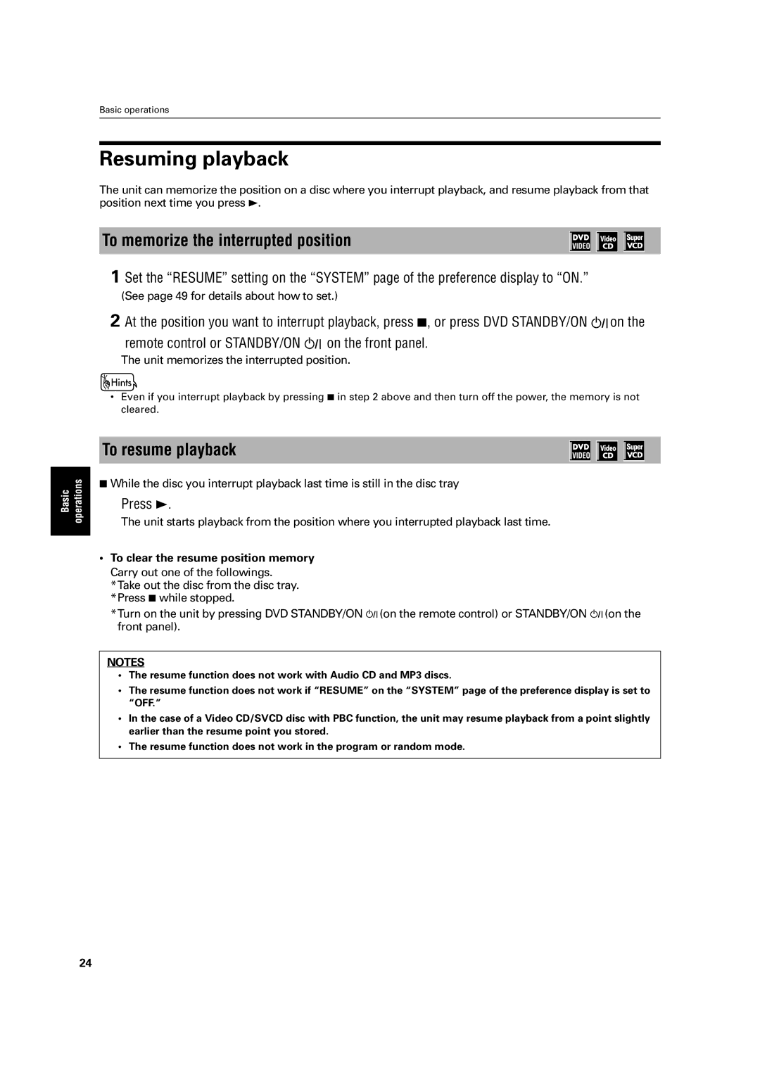 JVC LET0213-001A manual Resuming playback, To memorize the interrupted position, To resume playback 