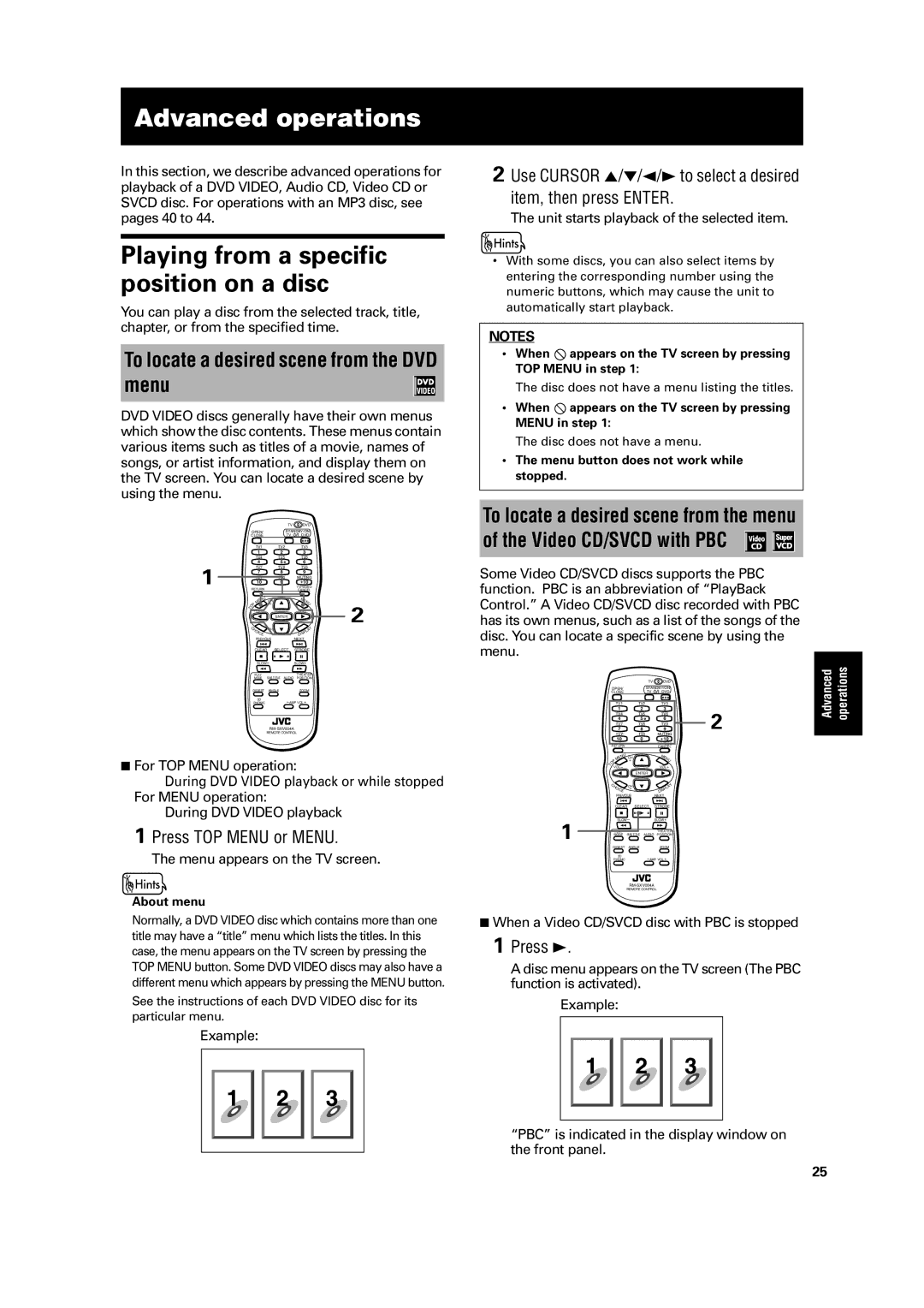 JVC LET0213-001A manual Advanced operations, Playing from a specific position on a disc, Press TOP Menu or Menu 