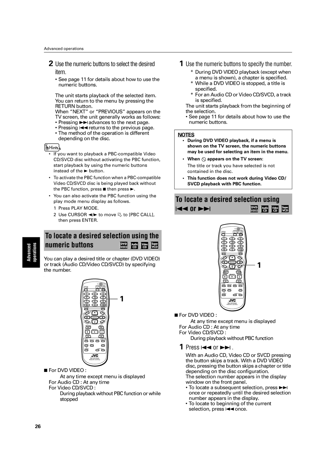 JVC LET0213-001A manual To locate a desired selection using the numeric buttons, To locate a desired selection using 4 or ¢ 