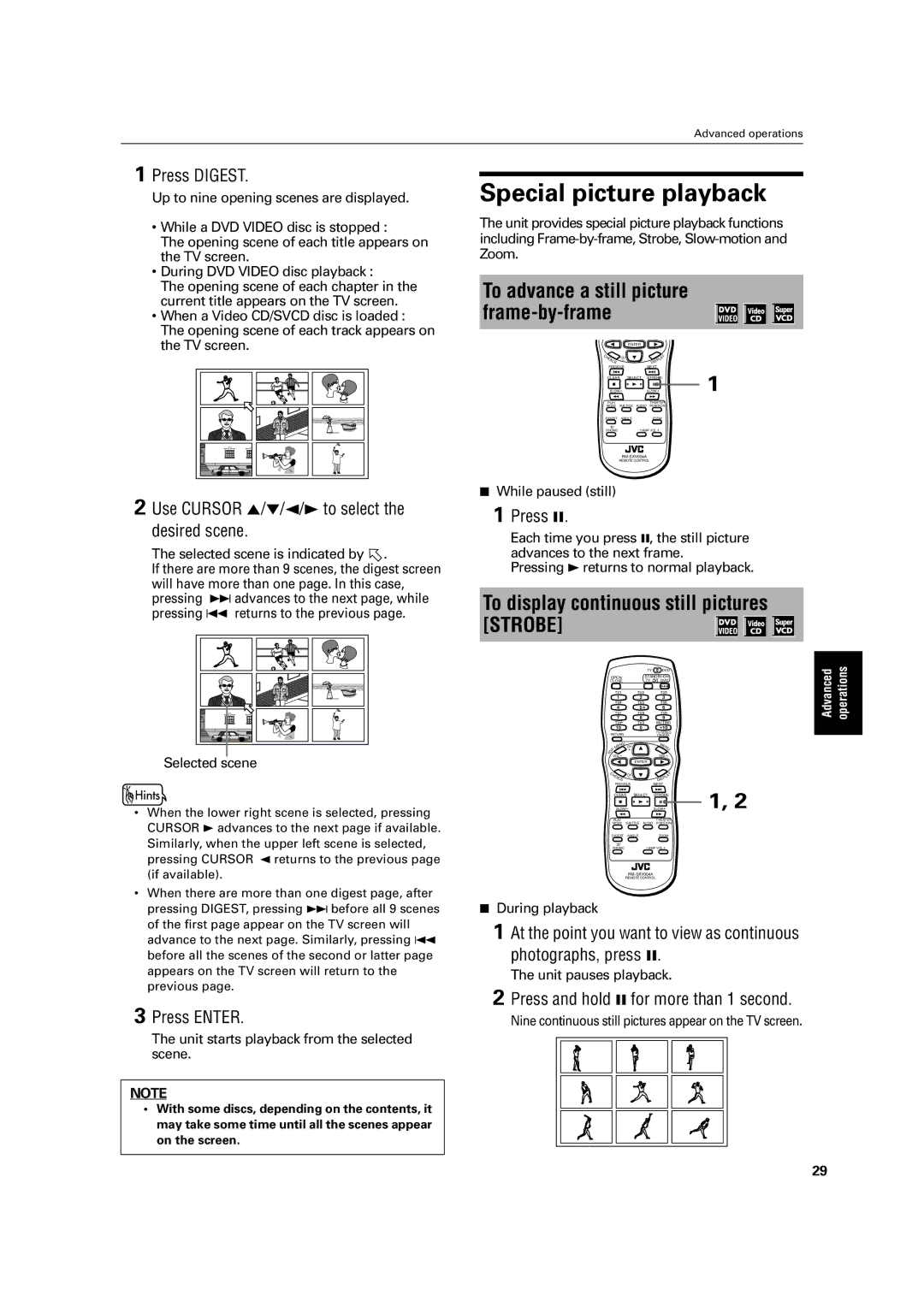 JVC LET0213-001A manual Special picture playback, To advance a still picture frame-by-frame, Press Digest 