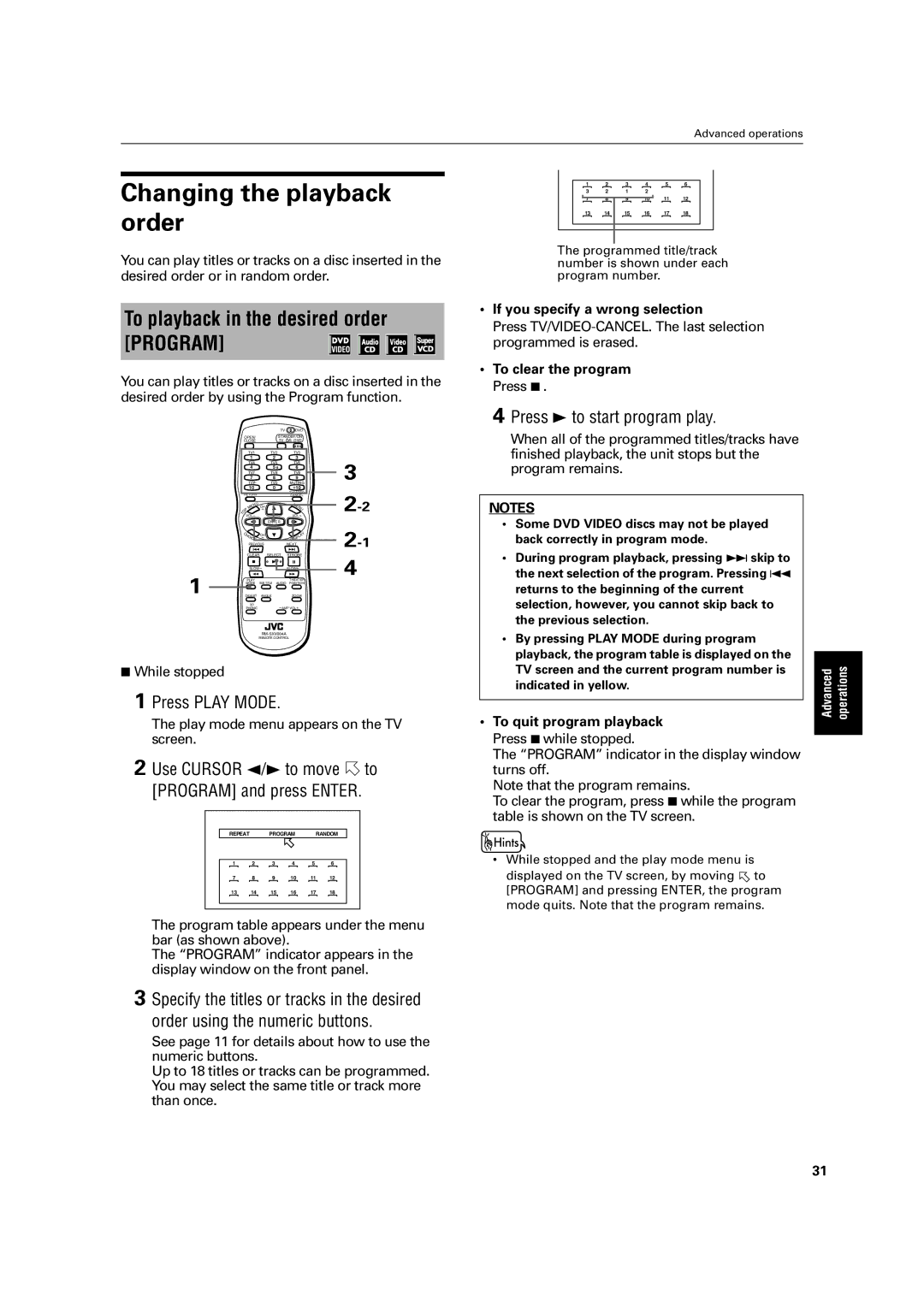 JVC LET0213-001A Changing the playback order, To playback in the desired order Program, Press 3 to start program play 