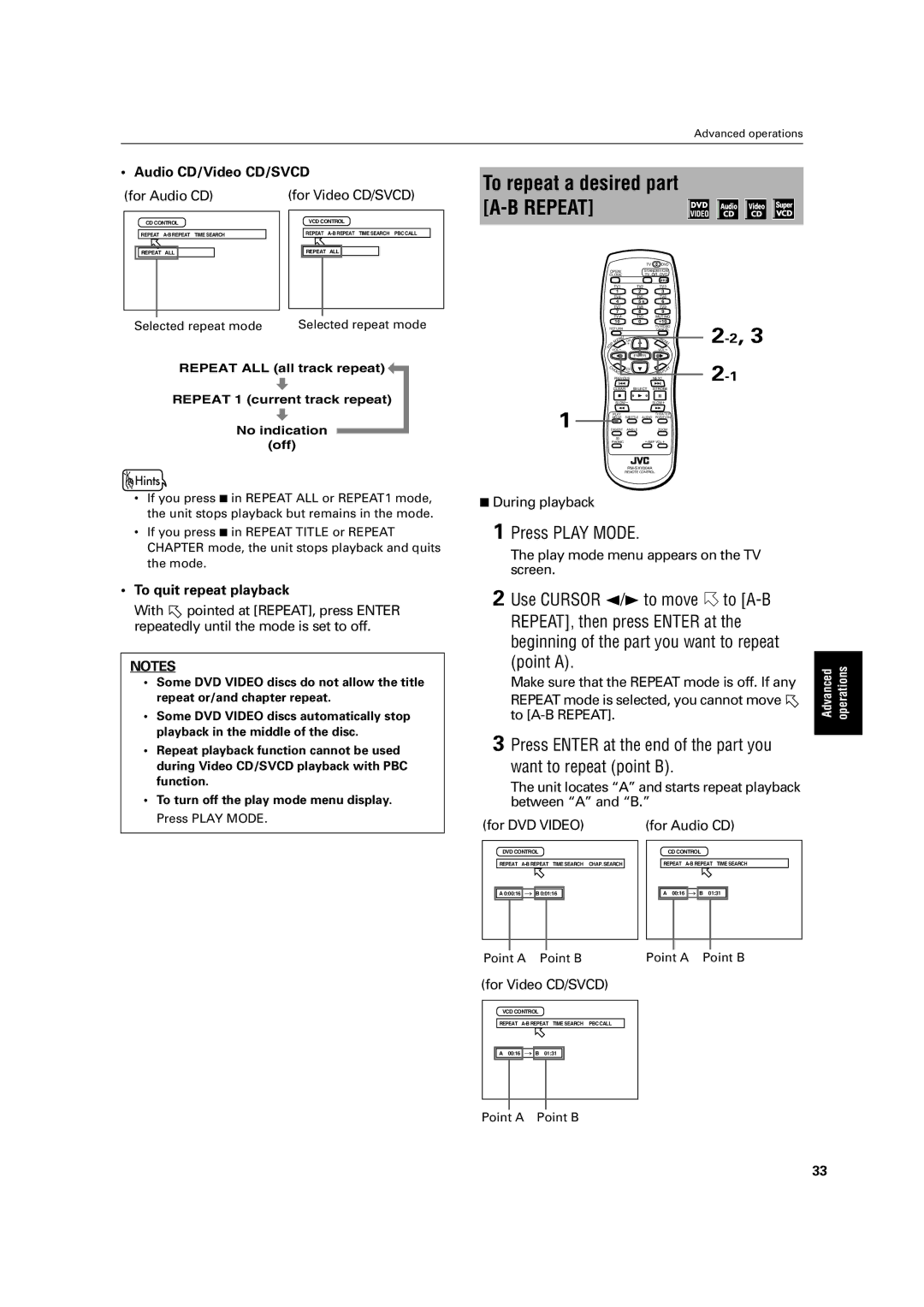 JVC LET0213-001A manual To repeat a desired part A-B Repeat, Audio CD/Video CD/SVCD For Audio CD, To quit repeat playback 