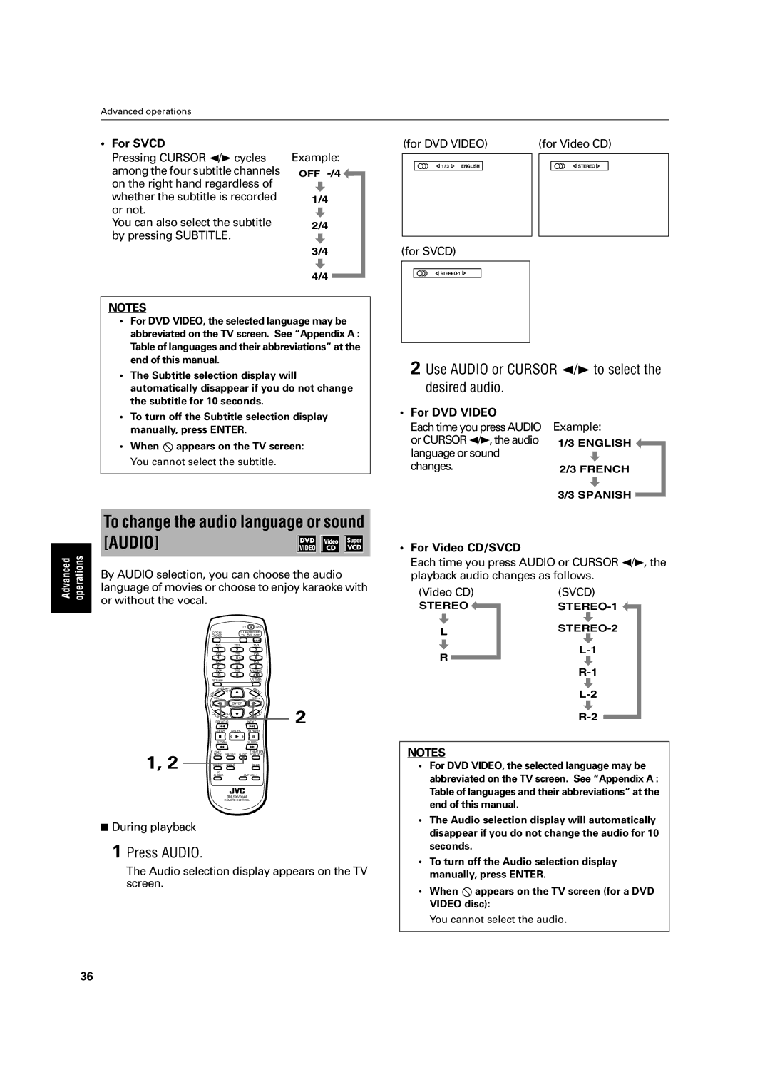 JVC LET0213-001A manual To change the audio language or sound Audio, Press Audio, Svcd 