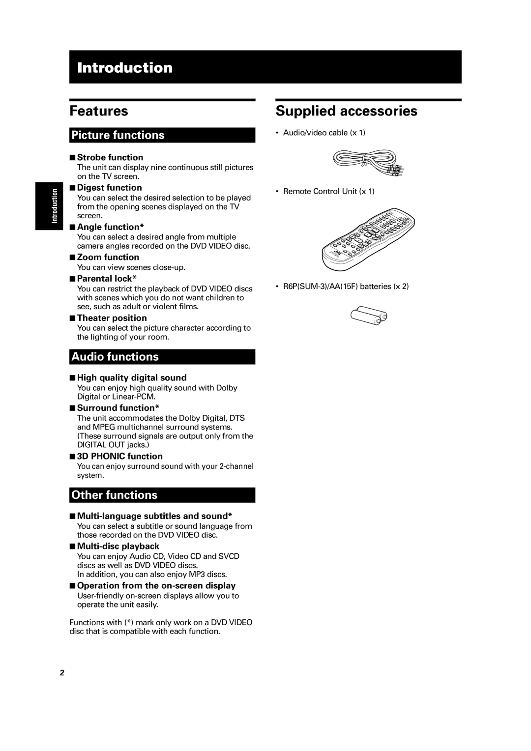 JVC LET0213-001A manual Introduction, Features, Supplied accessories 