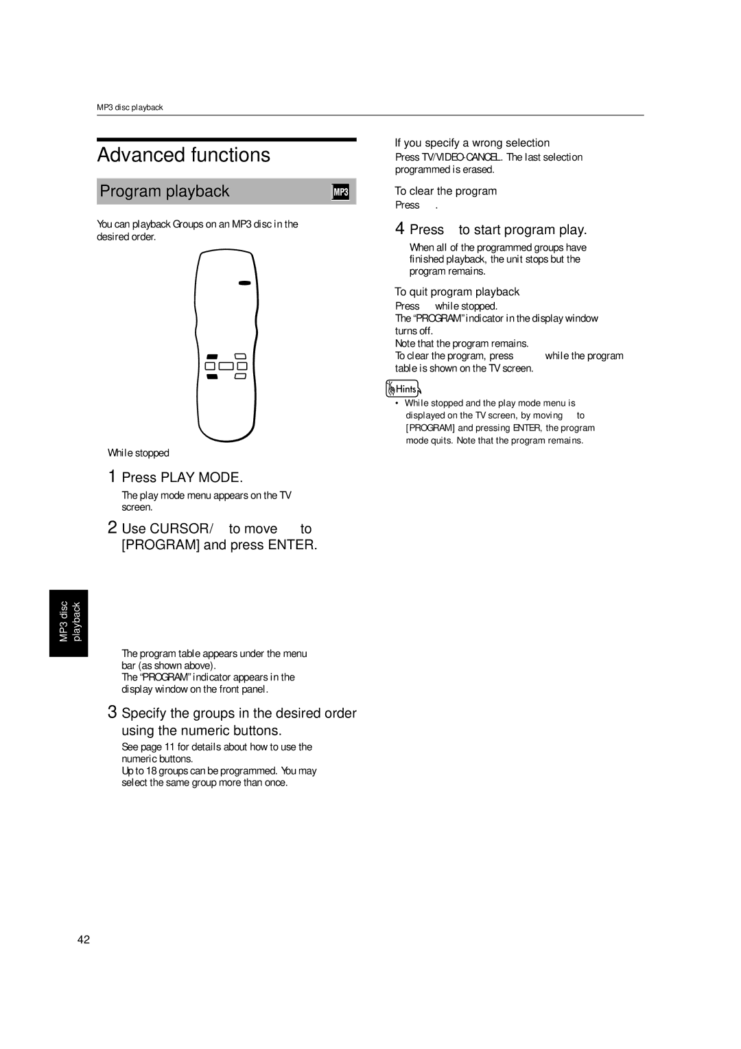 JVC LET0213-001A manual Advanced functions, Program playback, Use Cursor 2/3 to move to Program and press Enter 