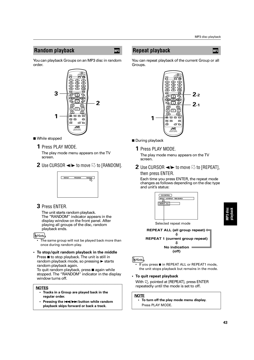 JVC LET0213-001A manual Random playback, Repeat playback, You can playback Groups on an MP3 disc in random order 