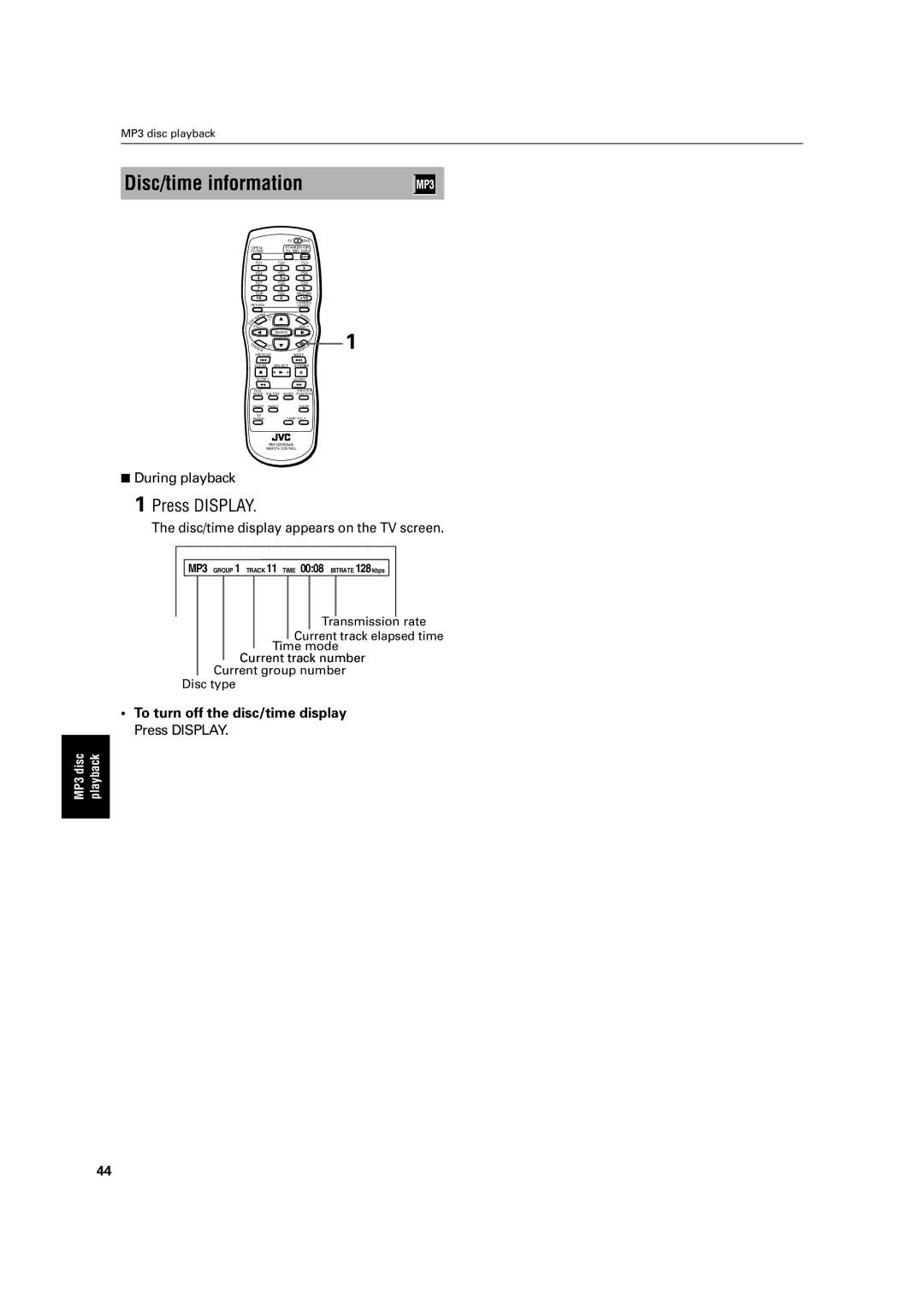 JVC LET0213-001A manual Disc/time information, To turn off the disc/time display Press Display, Current track number 