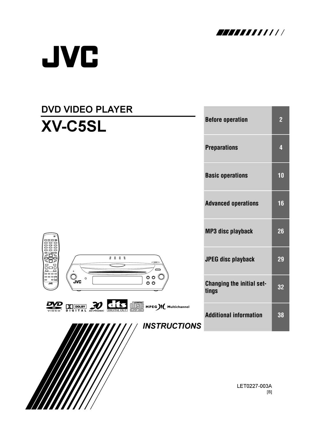 JVC LET0227-003A manual XV-C5SL, Changing the initial set 