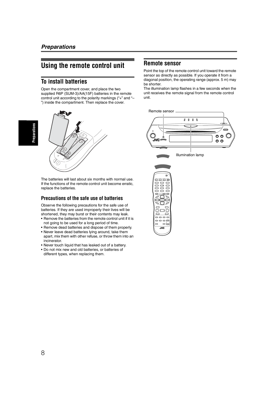 JVC LET0227-003A manual Using the remote control unit, To install batteries, Remote sensor 