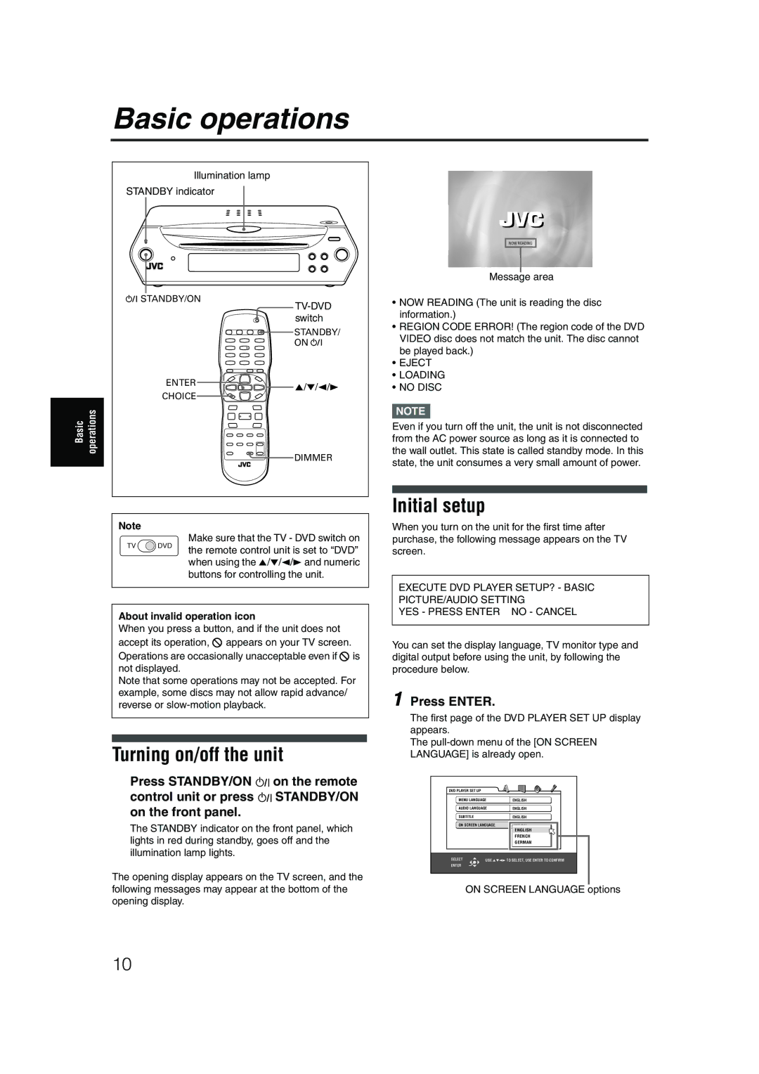 JVC LET0227-003A manual Basic operations, Turning on/off the unit, Initial setup, About invalid operation icon 