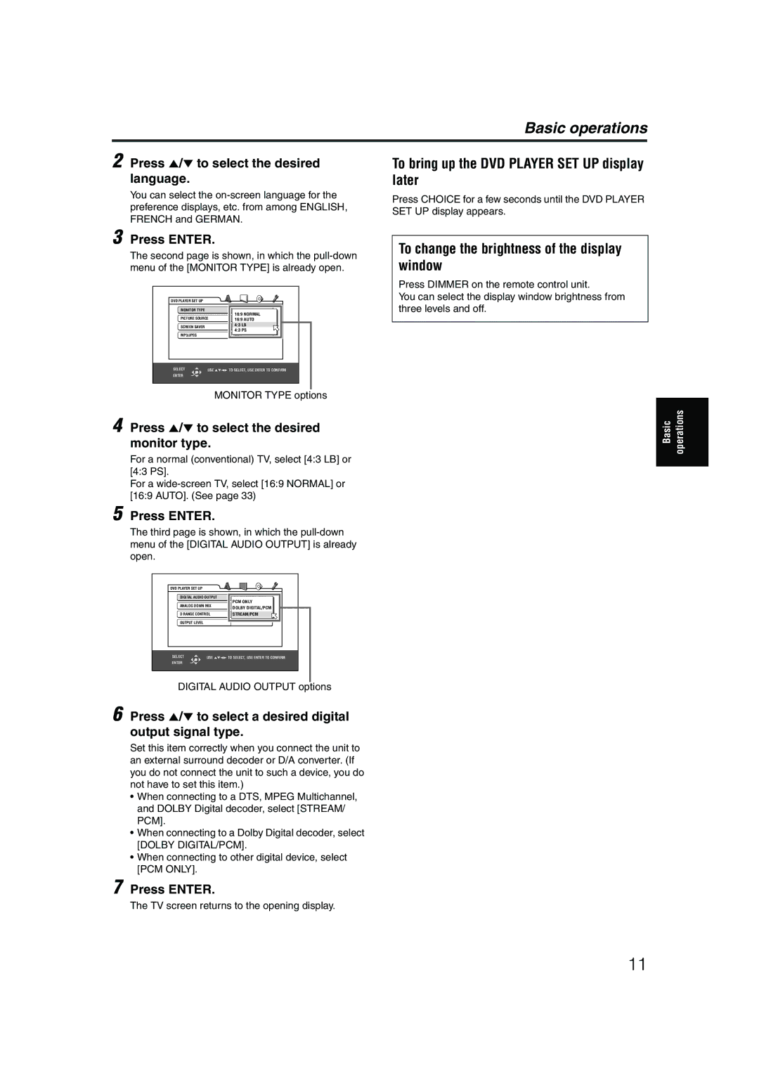 JVC LET0227-003A manual To bring up the DVD Player SET UP display later, To change the brightness of the display window 