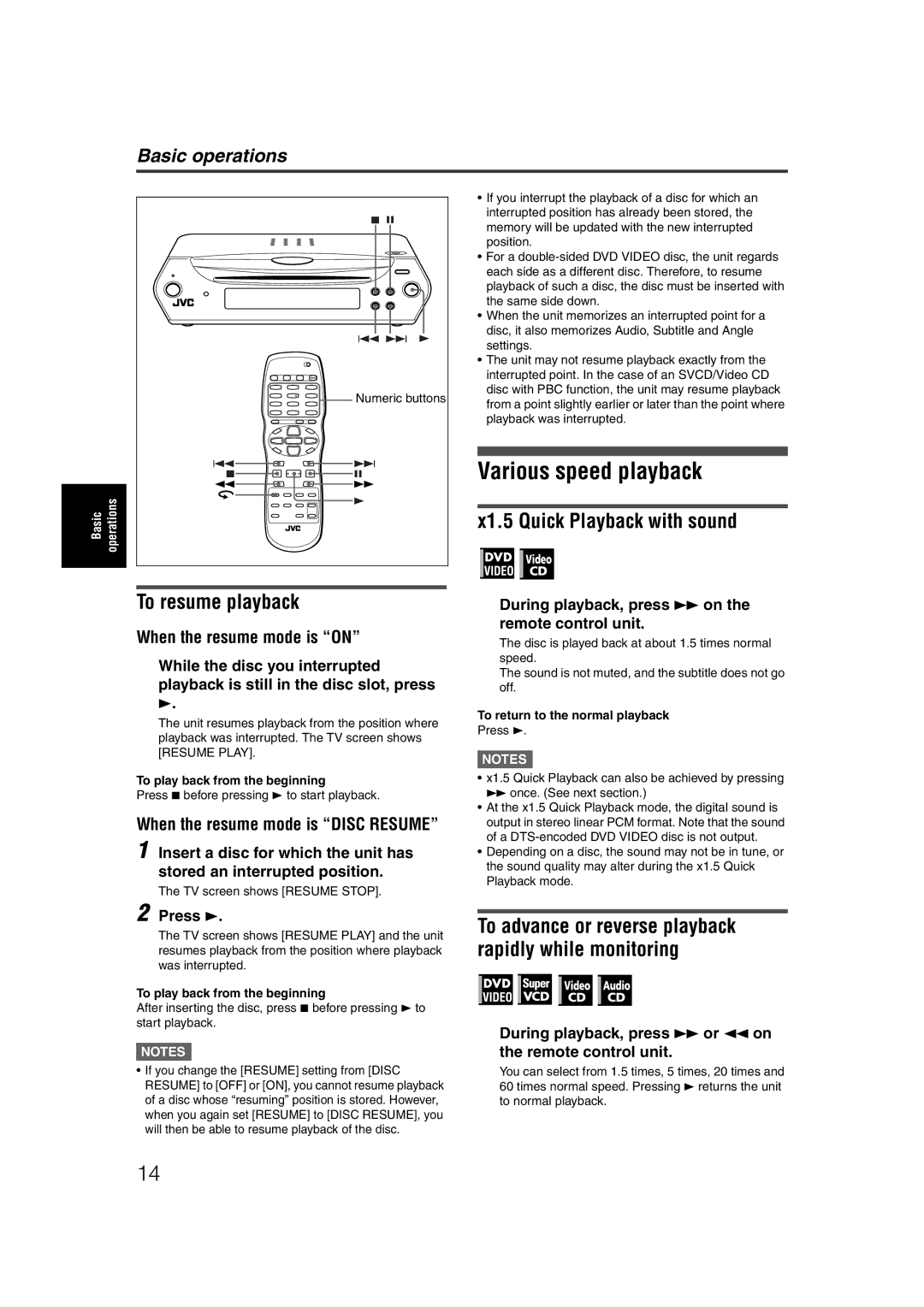 JVC LET0227-003A manual Various speed playback, X1.5 Quick Playback with sound To resume playback 