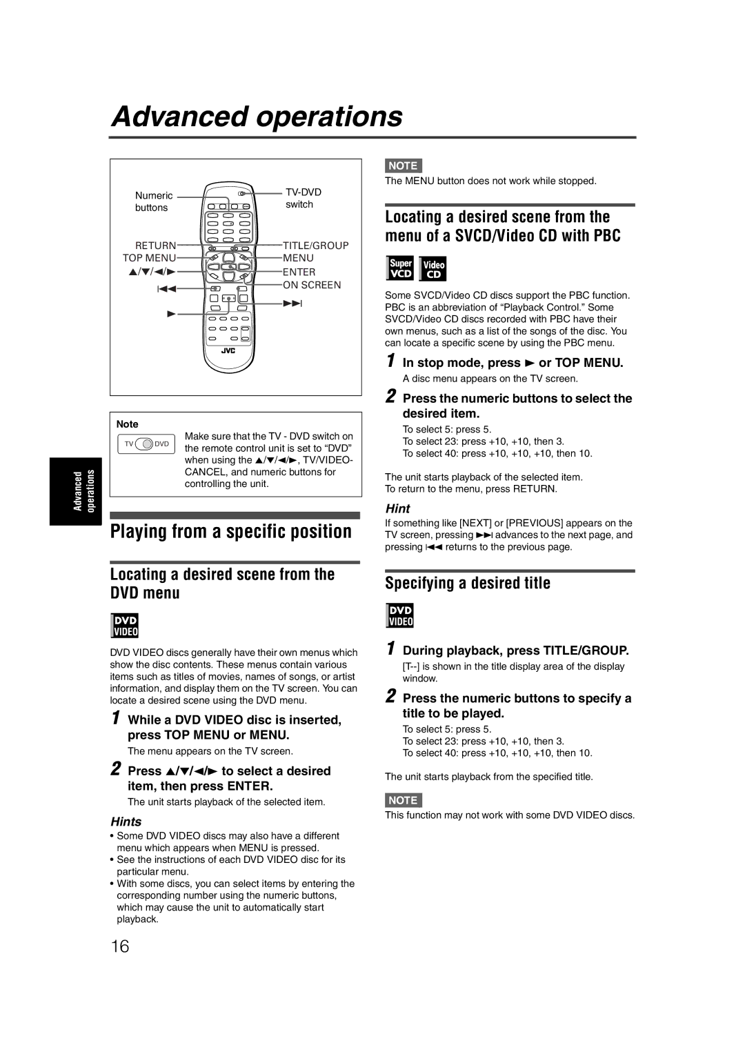 JVC LET0227-003A manual Advanced operations, Locating a desired scene from the DVD menu, Specifying a desired title 