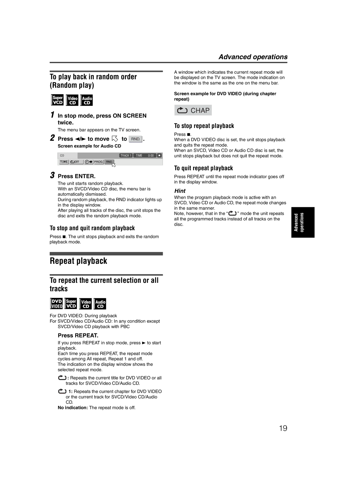 JVC LET0227-003A Repeat playback, To play back in random order Random play, To repeat the current selection or all tracks 