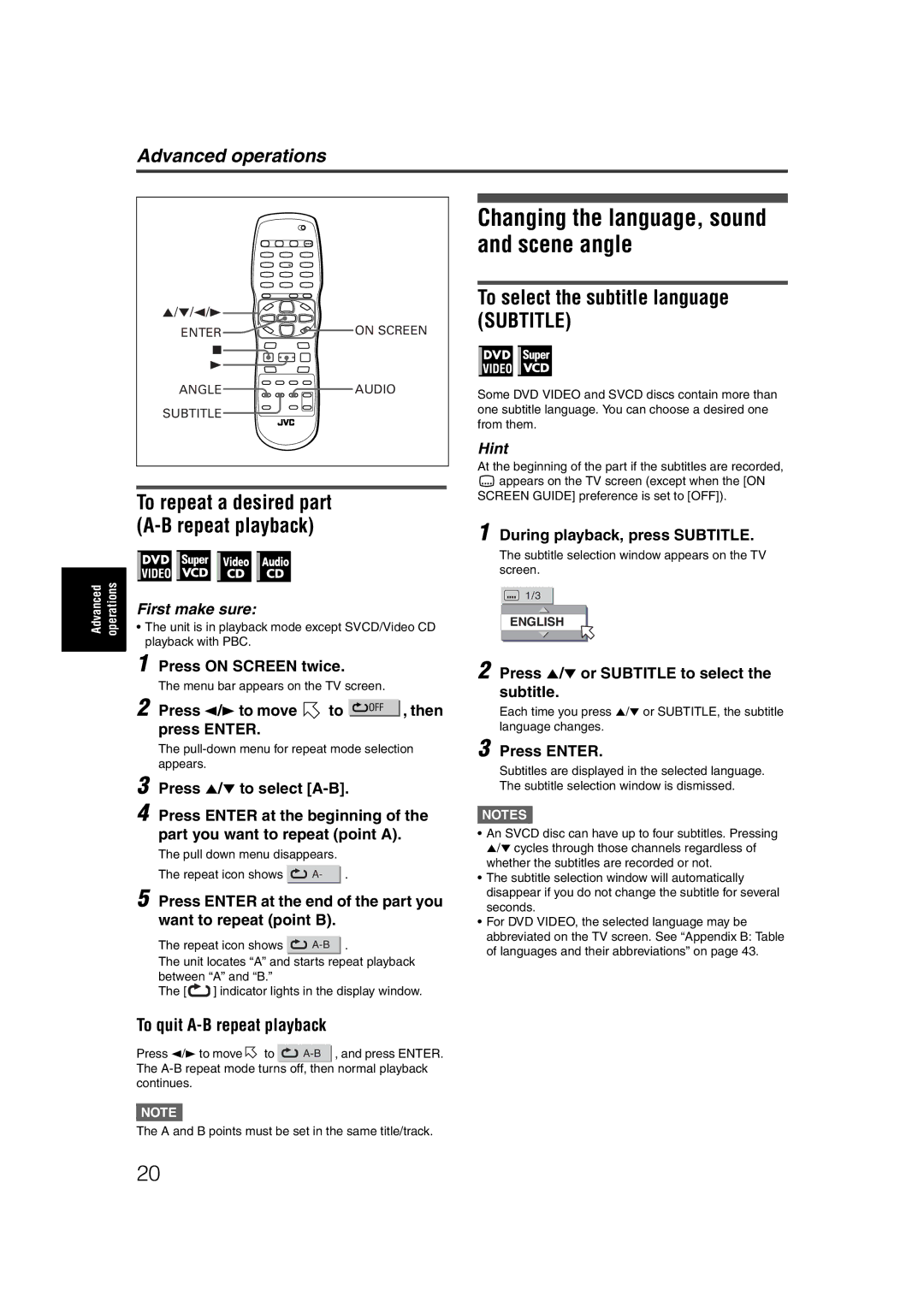 JVC LET0227-003A manual Changing the language, sound and scene angle, To select the subtitle language Subtitle 