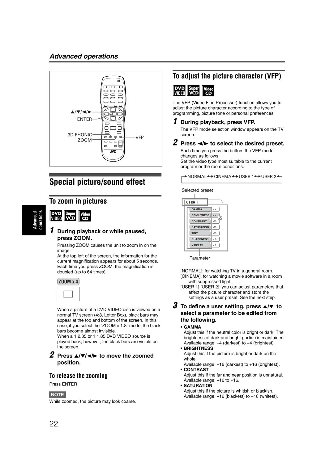 JVC LET0227-003A manual Special picture/sound effect, To adjust the picture character VFP, To zoom in pictures 