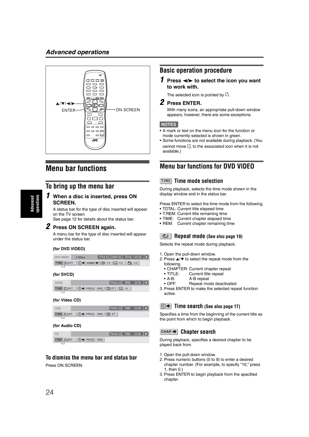 JVC LET0227-003A manual Basic operation procedure, To bring up the menu bar, Menu bar functions for DVD Video 