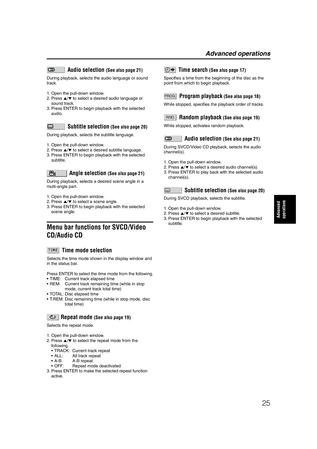 JVC LET0227-003A manual Menu bar functions for SVCD/Video CD/Audio CD, Subtitle selection See also 