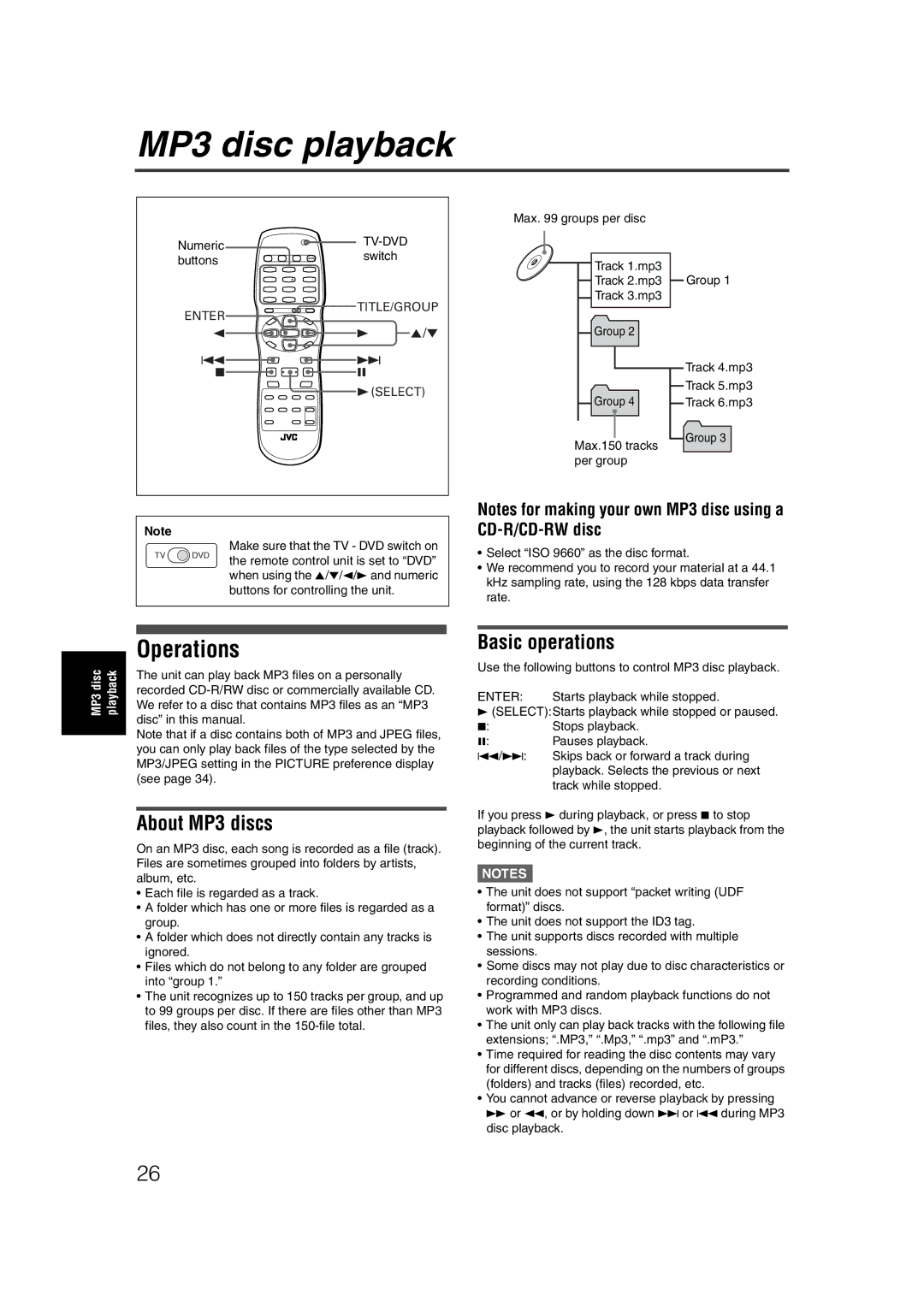 JVC LET0227-003A manual MP3 disc playback, Operations, About MP3 discs, Basic operations, Enter 