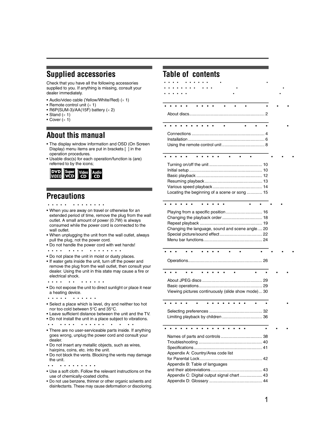 JVC LET0227-003A Supplied accessories, About this manual, Precautions, Table of contents 