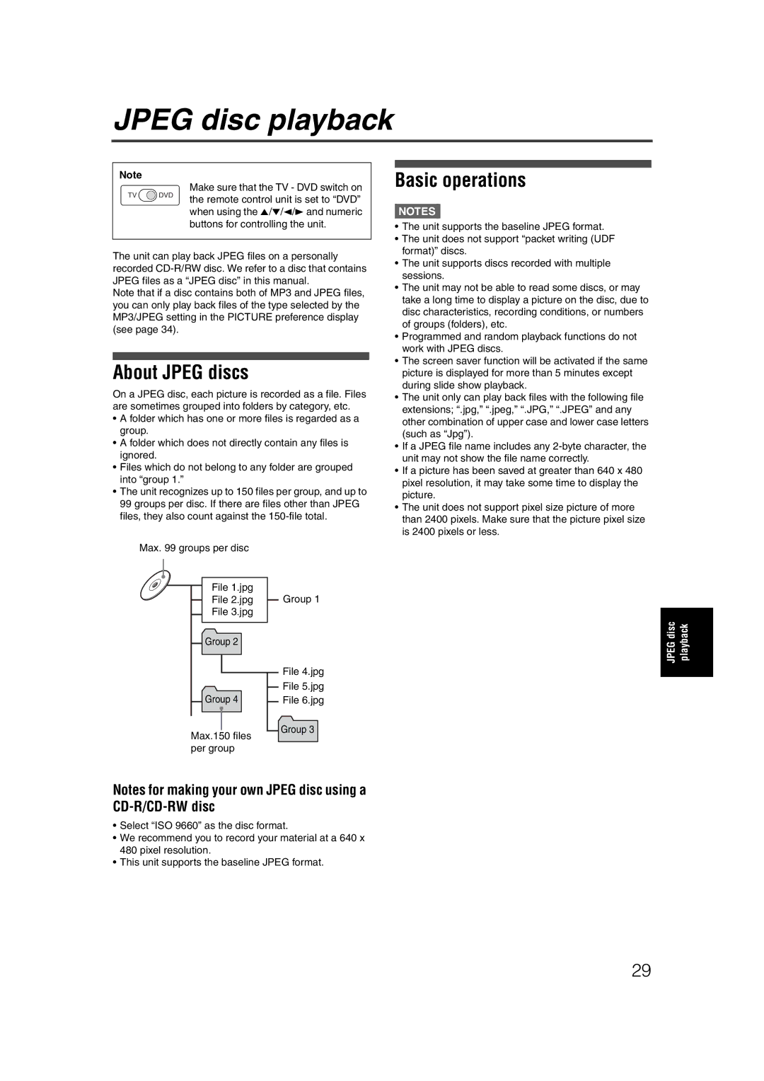 JVC LET0227-003A manual Jpeg disc playback, About Jpeg discs, Basic operations 