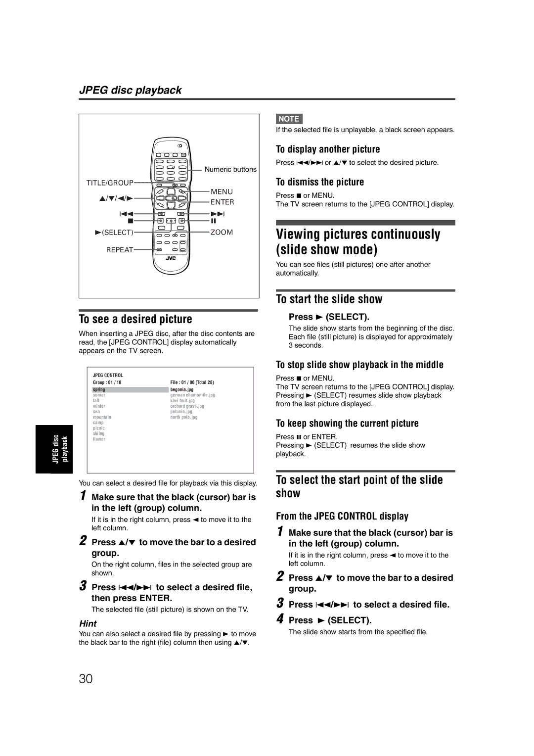 JVC LET0227-003A manual To see a desired picture, Viewing pictures continuously slide show mode, To start the slide show 