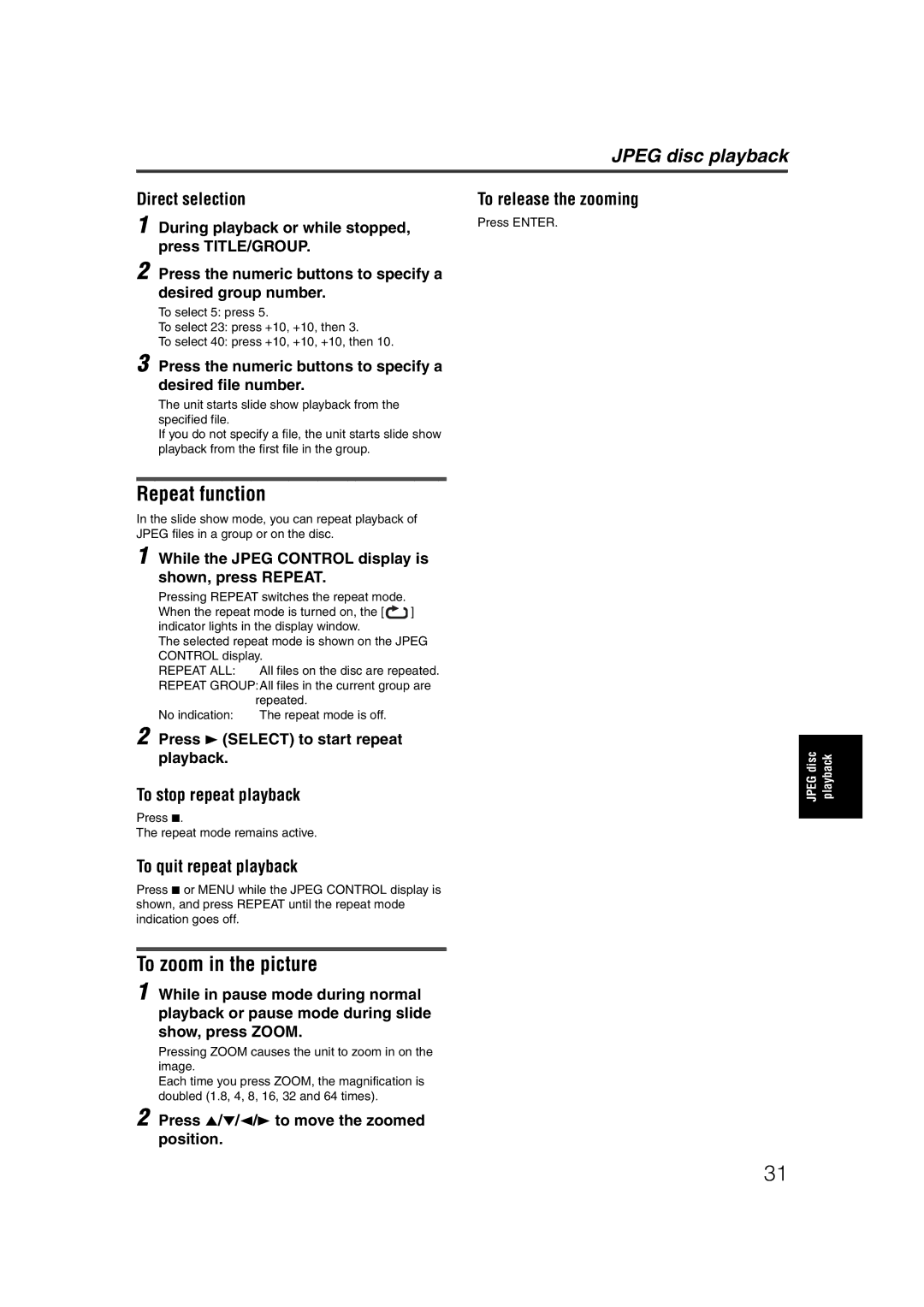 JVC LET0227-003A manual Repeat function, To zoom in the picture, Direct selection 