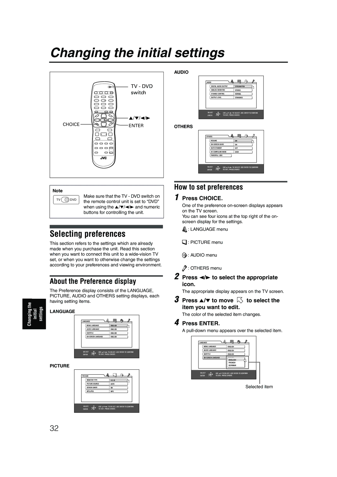 JVC LET0227-003A manual Changing the initial settings, Selecting preferences, How to set preferences 