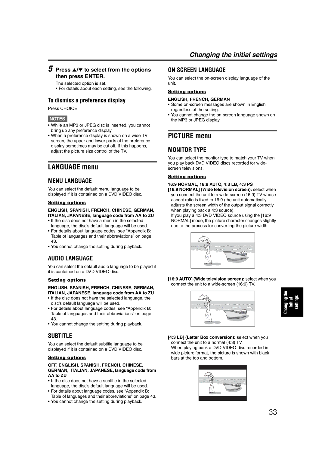 JVC LET0227-003A manual Language menu, Picture menu, To dismiss a preference display, ENGLISH, FRENCH, German 