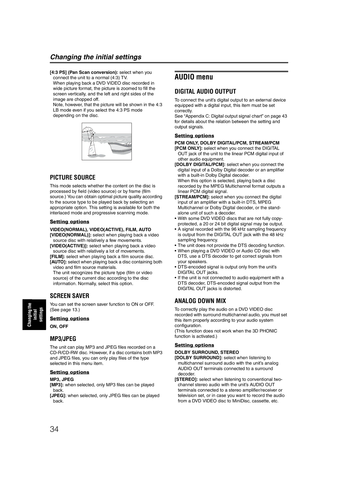 JVC LET0227-003A manual Audio menu, You can set the screen saver function to on or OFF. See, On, Off, MP3, Jpeg 