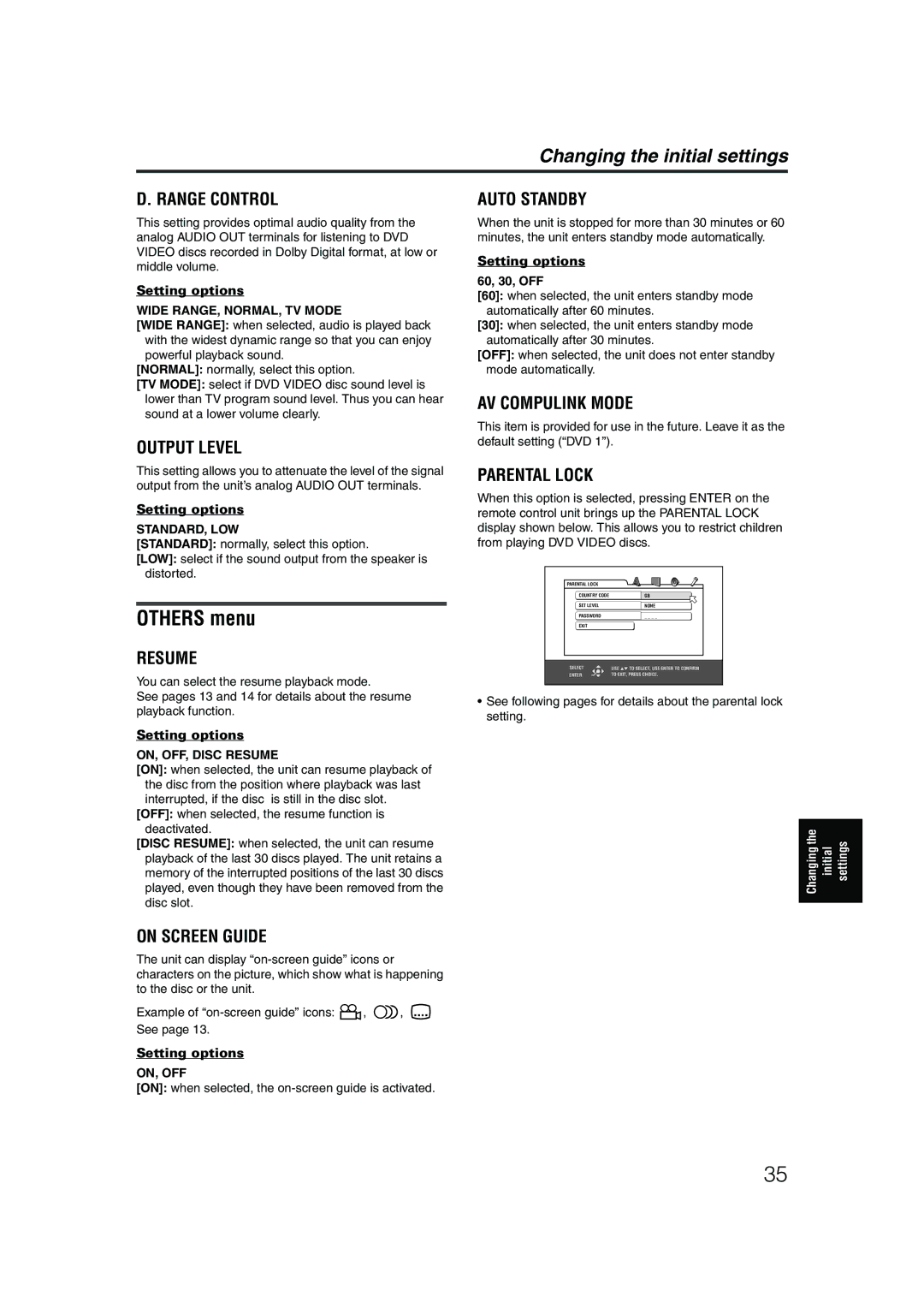 JVC LET0227-003A manual Others menu, Wide RANGE, NORMAL, TV Mode, Standard, Low, ON, OFF, Disc Resume 