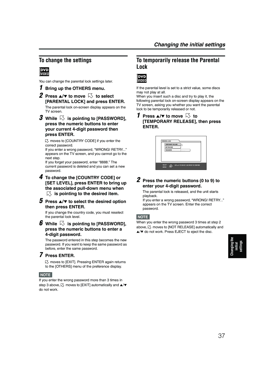 JVC LET0227-003A manual To change the settings, To temporarily release the Parental Lock 