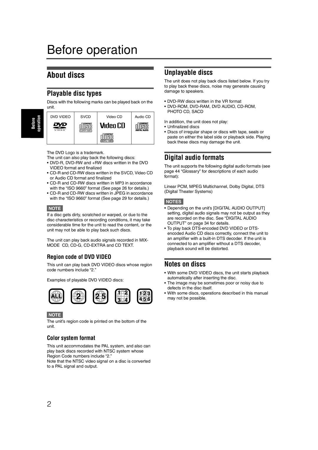 JVC LET0227-003A manual Before operation, About discs, Playable disc types, Unplayable discs, Digital audio formats 