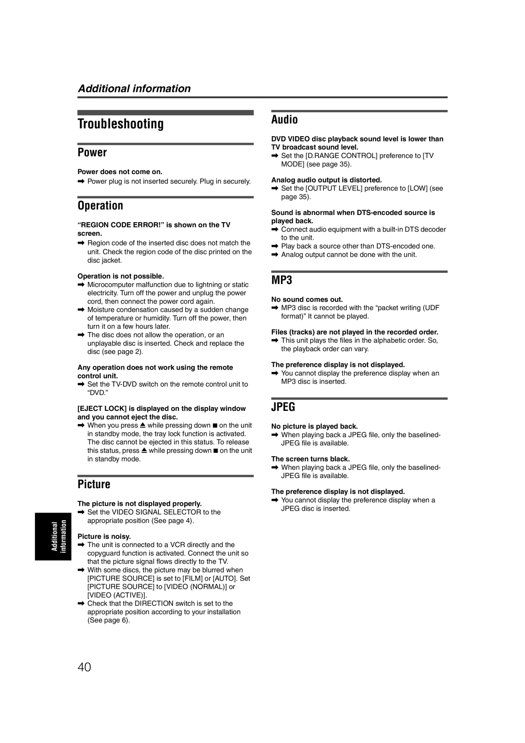 JVC LET0227-003A manual Troubleshooting, Power, Audio, Operation, Picture 