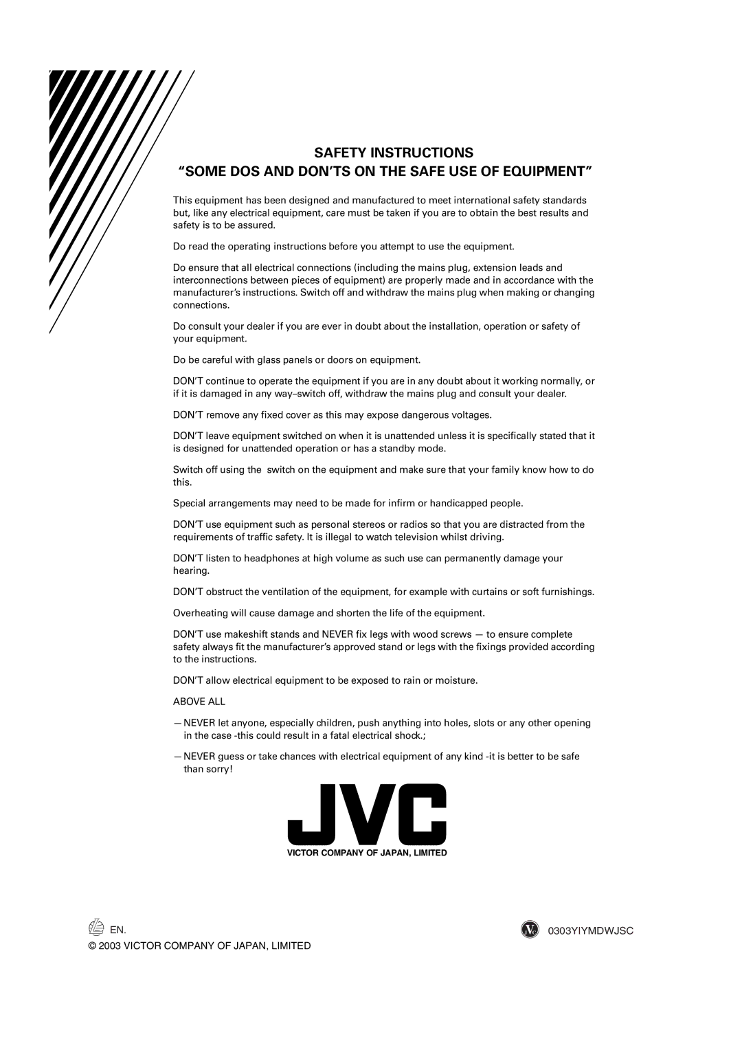 JVC LET0227-003A manual 0303YIYMDWJSC, Victor Company of JAPAN, Limited 