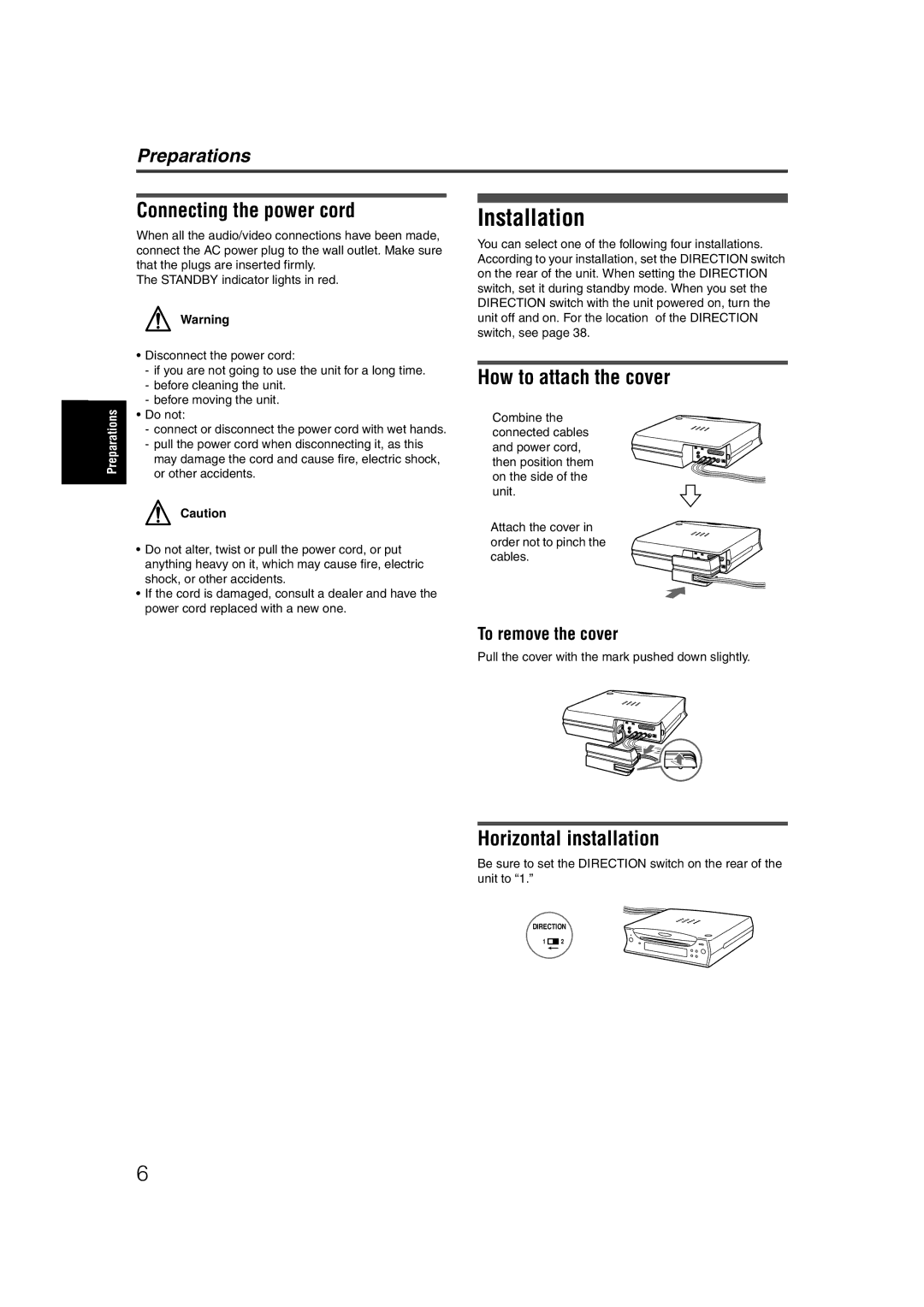 JVC LET0227-003A manual Installation, Connecting the power cord, How to attach the cover, Horizontal installation 