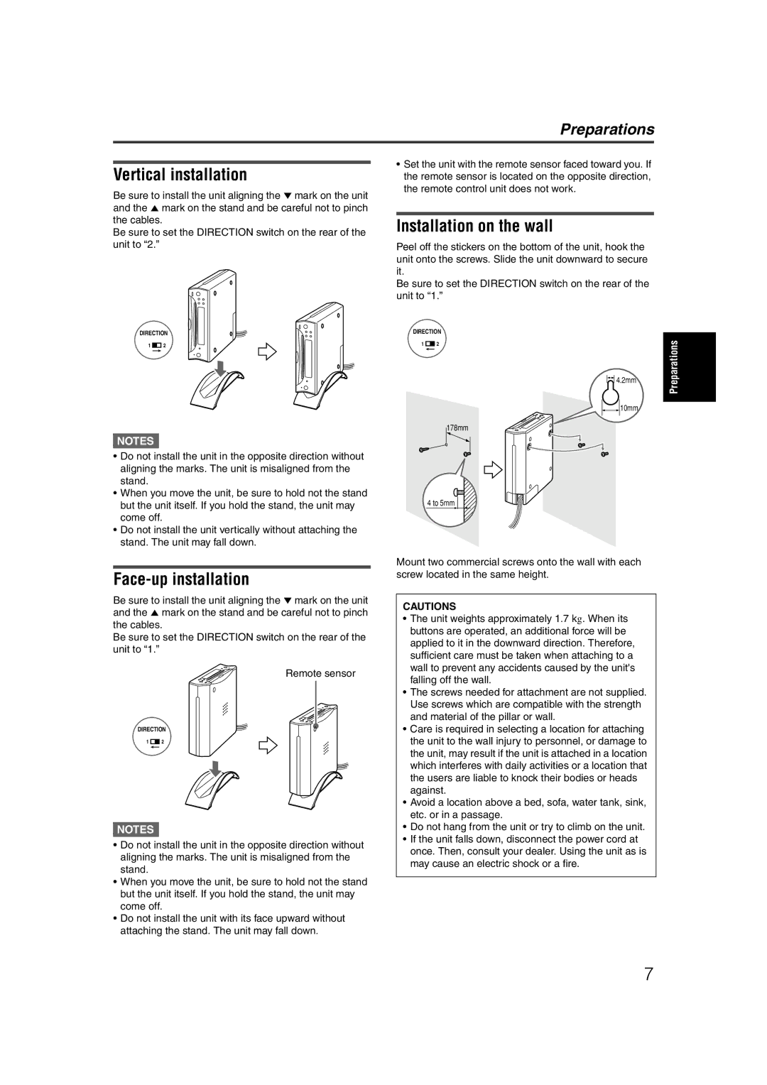 JVC LET0227-003A manual Vertical installation, Face-up installation, Installation on the wall 