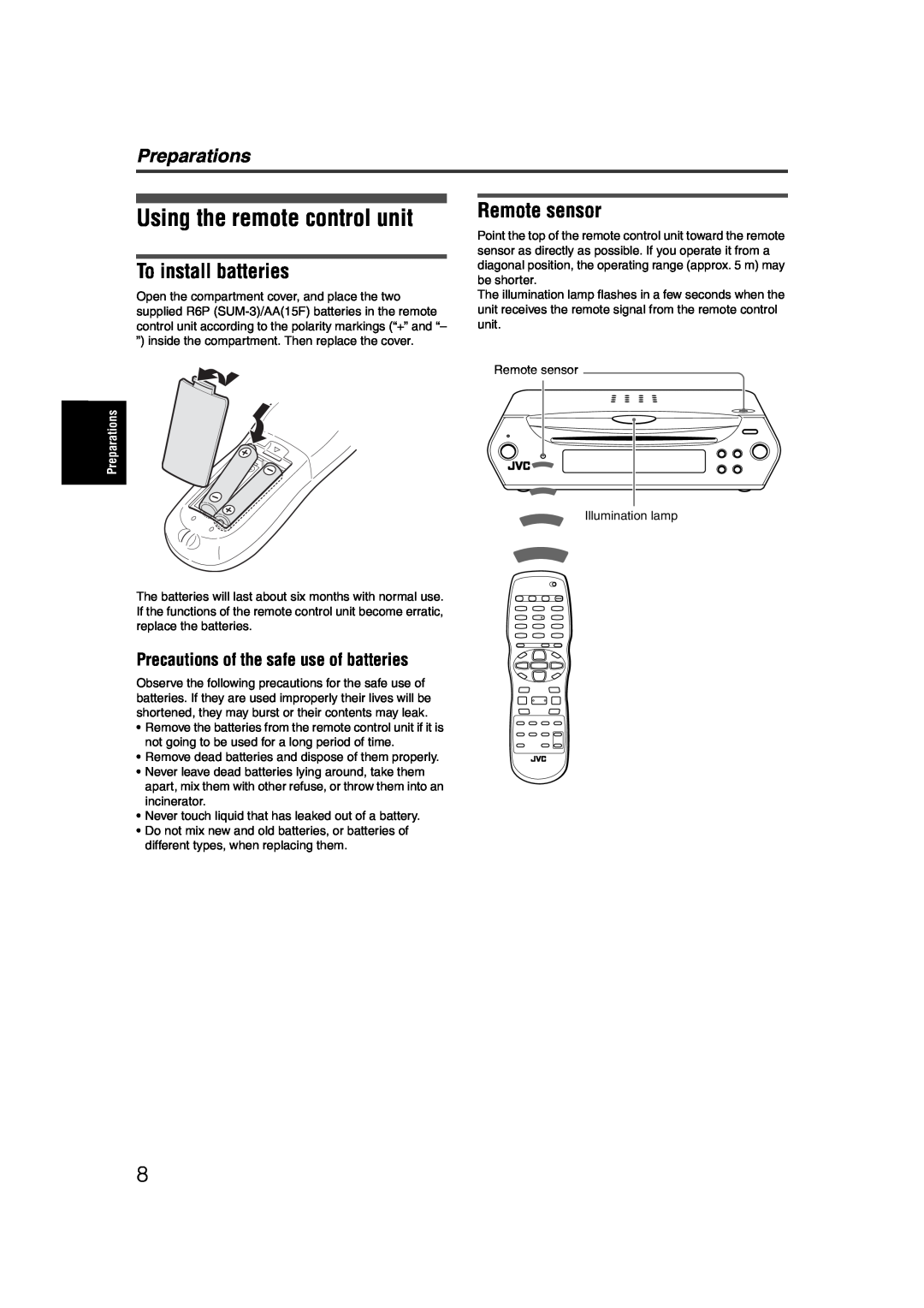 JVC LET0227-003A manual Using the remote control unit, To install batteries, Remote sensor, Preparations 
