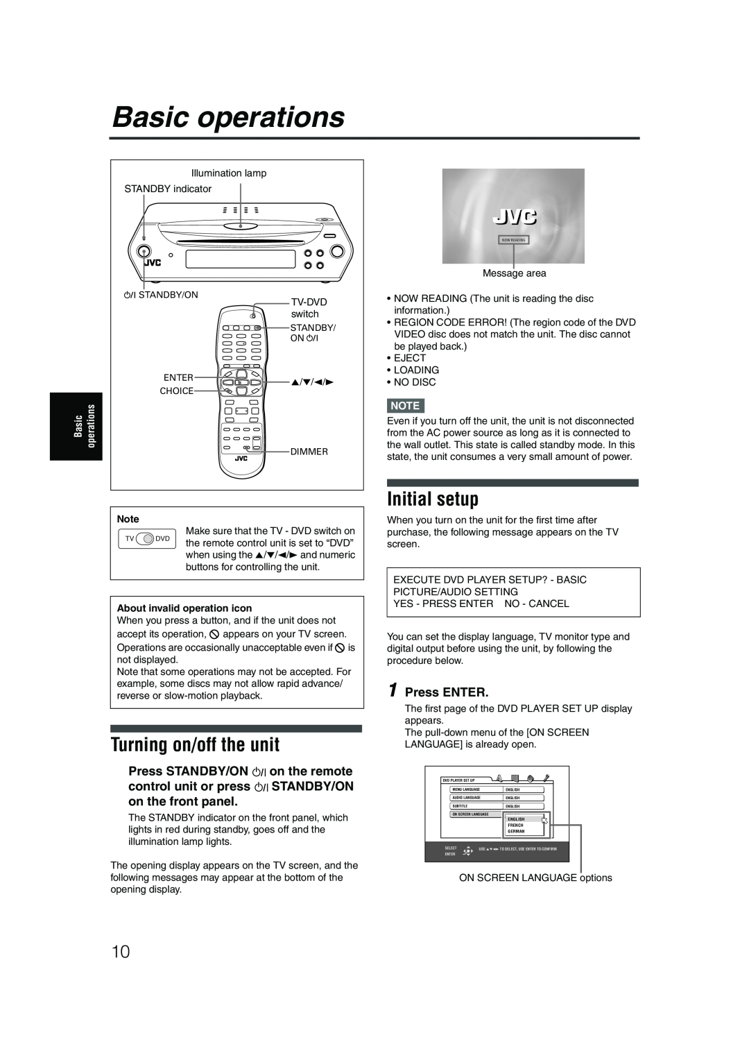 JVC LET0227-003A manual Basic operations, Turning on/off the unit, Initial setup, Press ENTER 