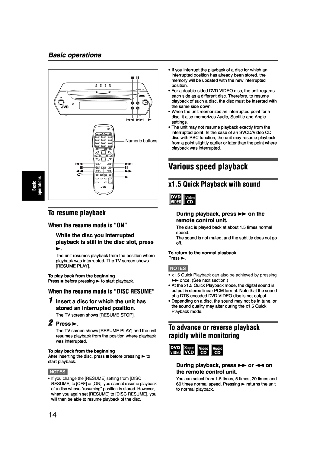JVC LET0227-003A manual Various speed playback, x1.5 Quick Playback with sound, To resume playback, Basic operations, Press 